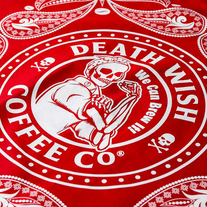 A close up of the Death Wish Coffee We Can Brew It Bandana.