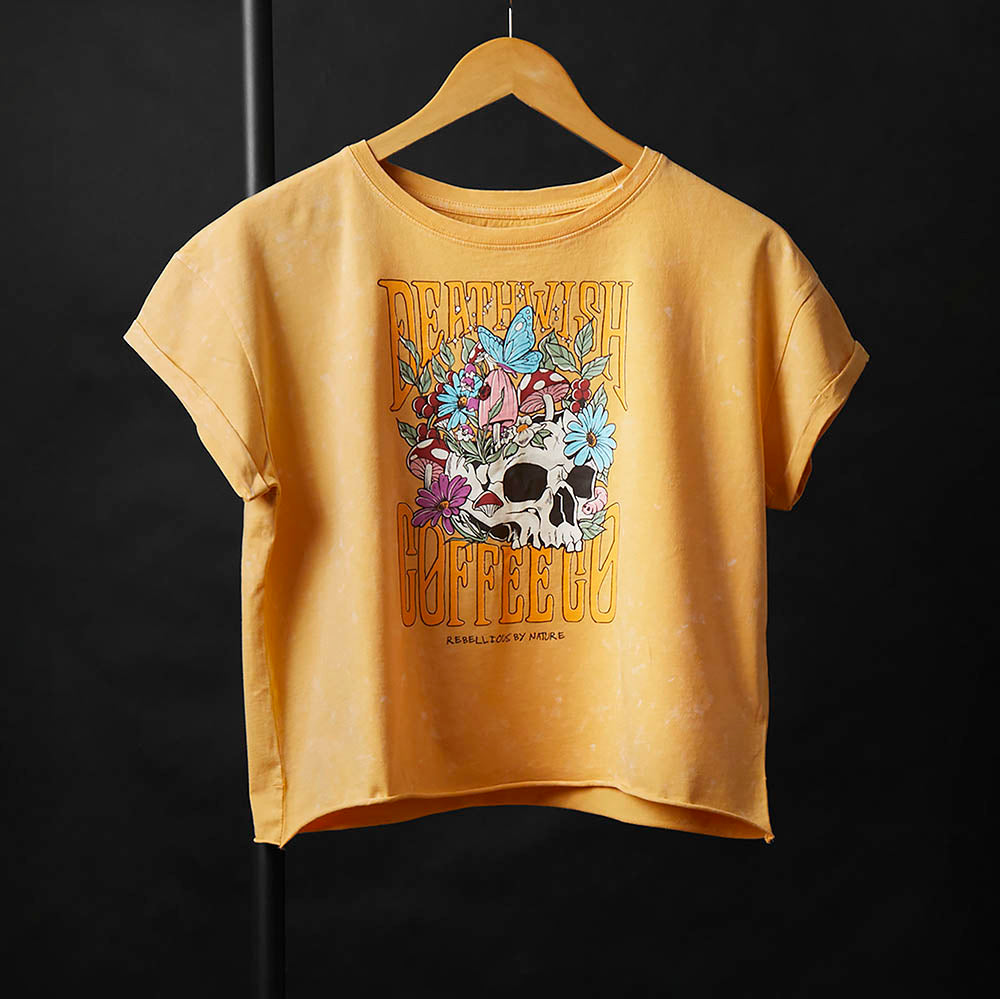 The front of the Death Wish Coffee Circle of Life Cropped Tee.