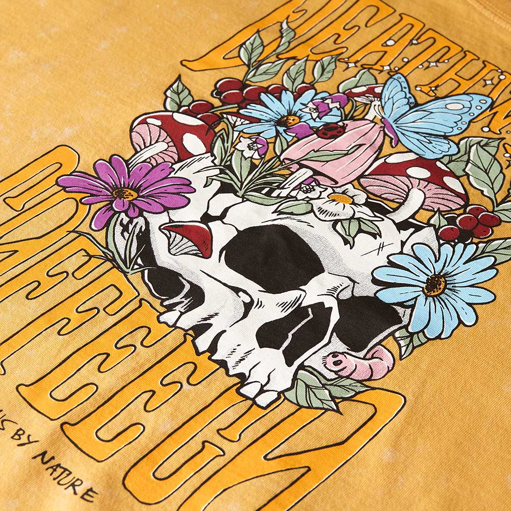 A close up of the front of the Death Wish Coffee Circle of Life Cropped Tee.
