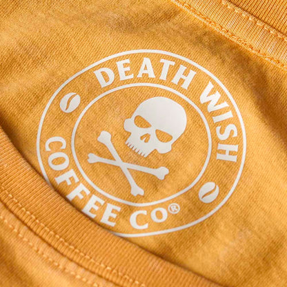 The inner neck label of the Death Wish Coffee Circle of Life Cropped Tee.