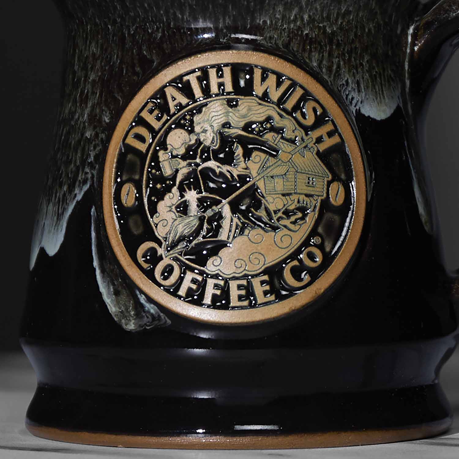 A detail shot of the front of the Death Wish Coffee Baba Yaga Mug.