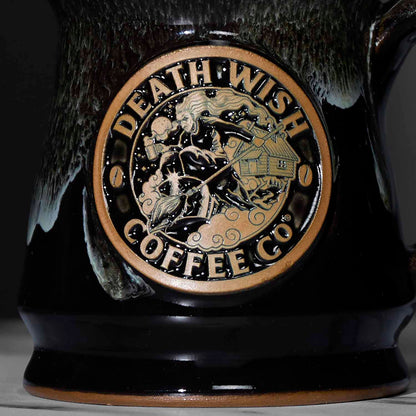 A detail shot of the front of the Death Wish Coffee Baba Yaga Mug.