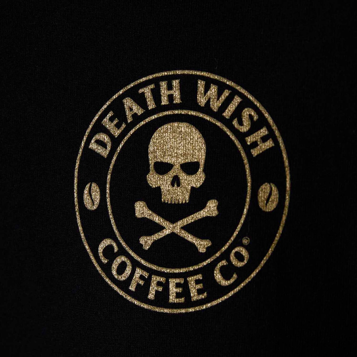 A detail shot of the back of the Death Wish Coffee Gates of Valhalla Tee.