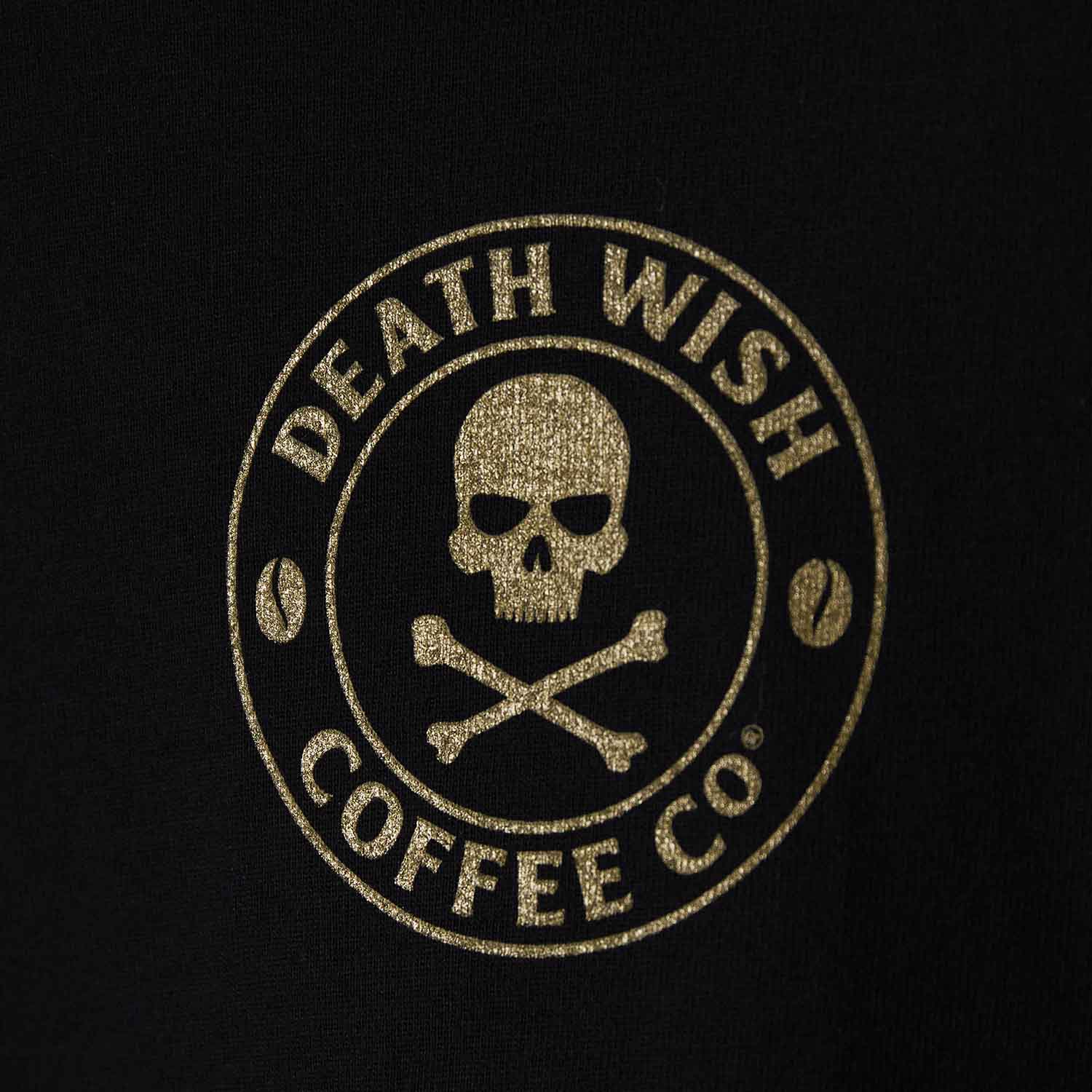A detail shot of the back of the Death Wish Coffee Gates of Valhalla Tee.