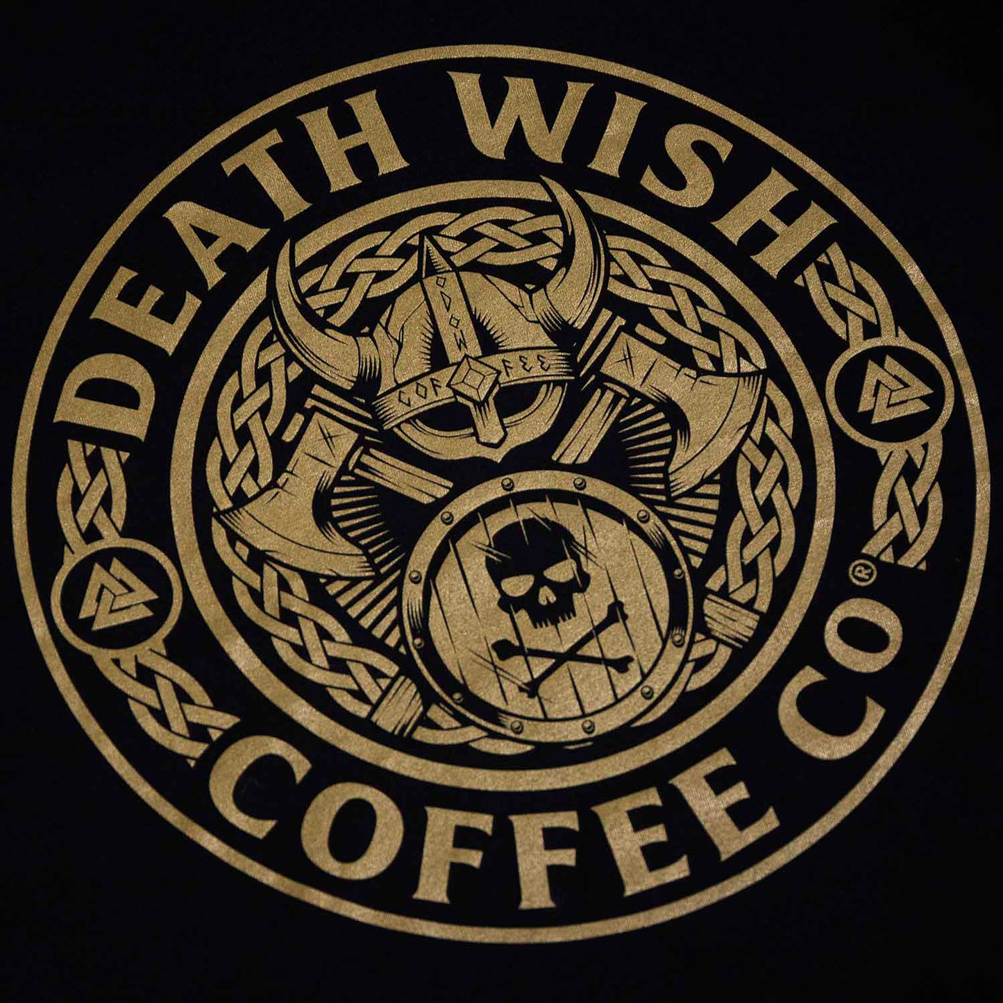 A detail shot of the front of the Death Wish Coffee Gates of Valhalla Tee.