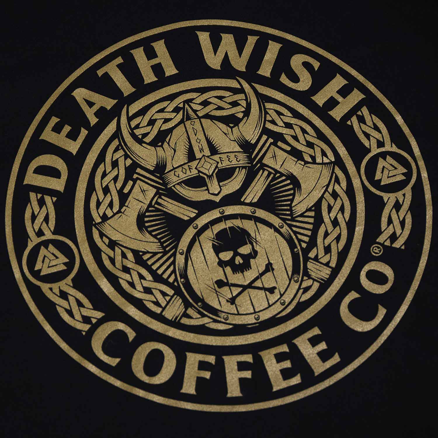 A detail shot of the front of the Death Wish Coffee Gates of Valhalla Tee.