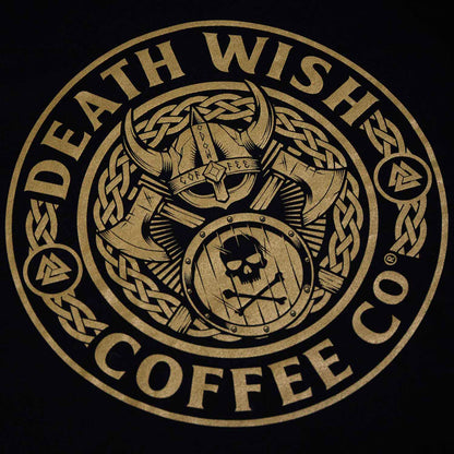 A detail shot of the front of the Death Wish Coffee Gates of Valhalla Tee.