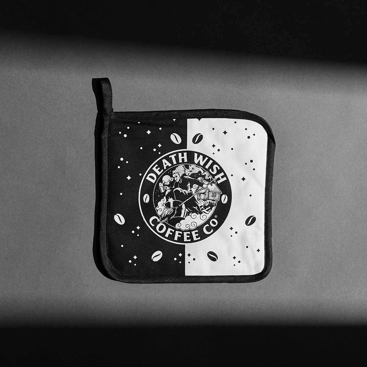 The potholder from the Death Wish Coffee Witch's Kitchen Towel and Potholder Set.