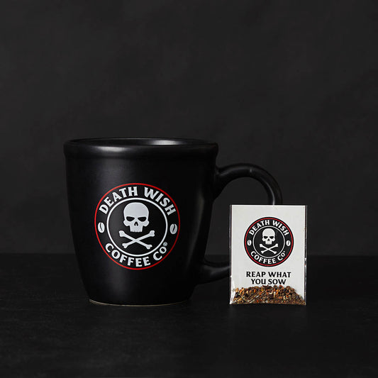 Death Wish Coffee Brews and Blooms Mug with Wildflower Seed Pack.