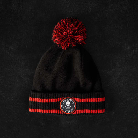 The front of the Death Wish Coffee Bolt Brain Beanie.