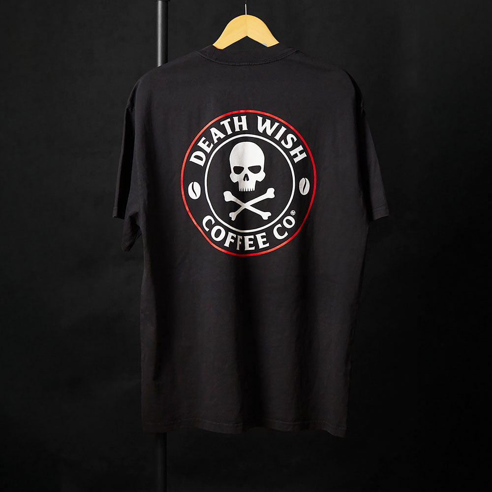 The back of the Death Wish Coffee Plaid Pocket Tee.