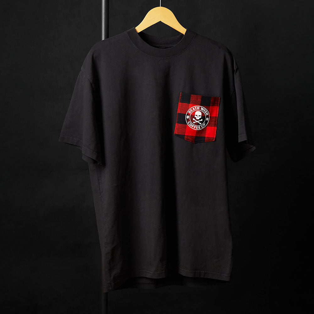 The front of the Death Wish Coffee Plaid Pocket Tee.