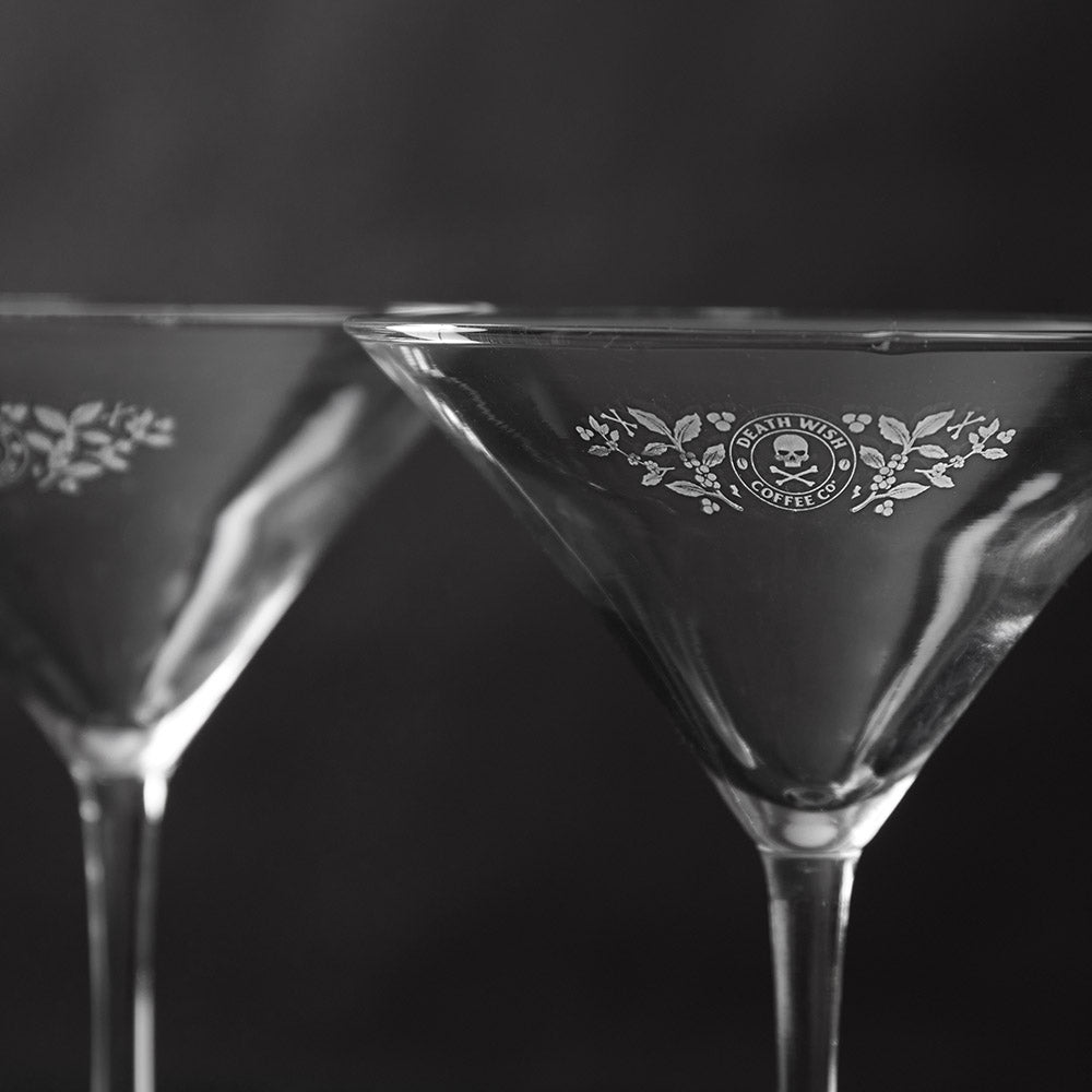 A close up detail of the Death Wish Coffee Straight Up Martini Glass Set.