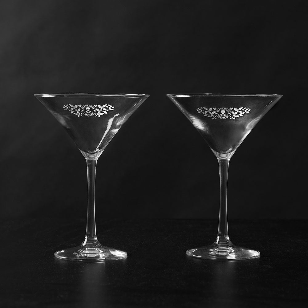 The Death Wish Coffee Straight Up Martini Glass Set.