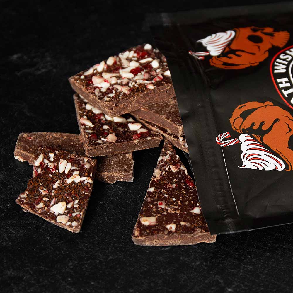 Pieces of Death Wish Coffee Peppermint Mocha Chocolate Bark.