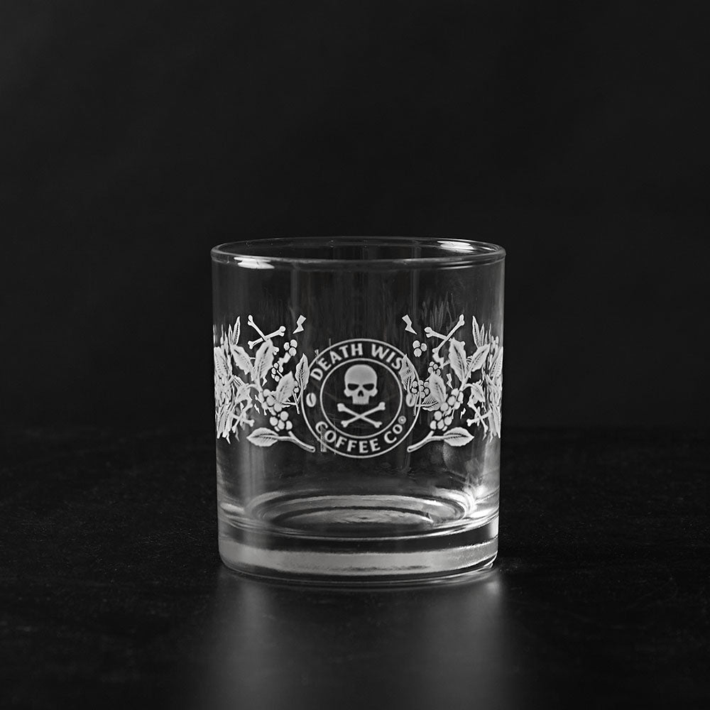 The front of the Death Wish Coffee Rocks Glass.