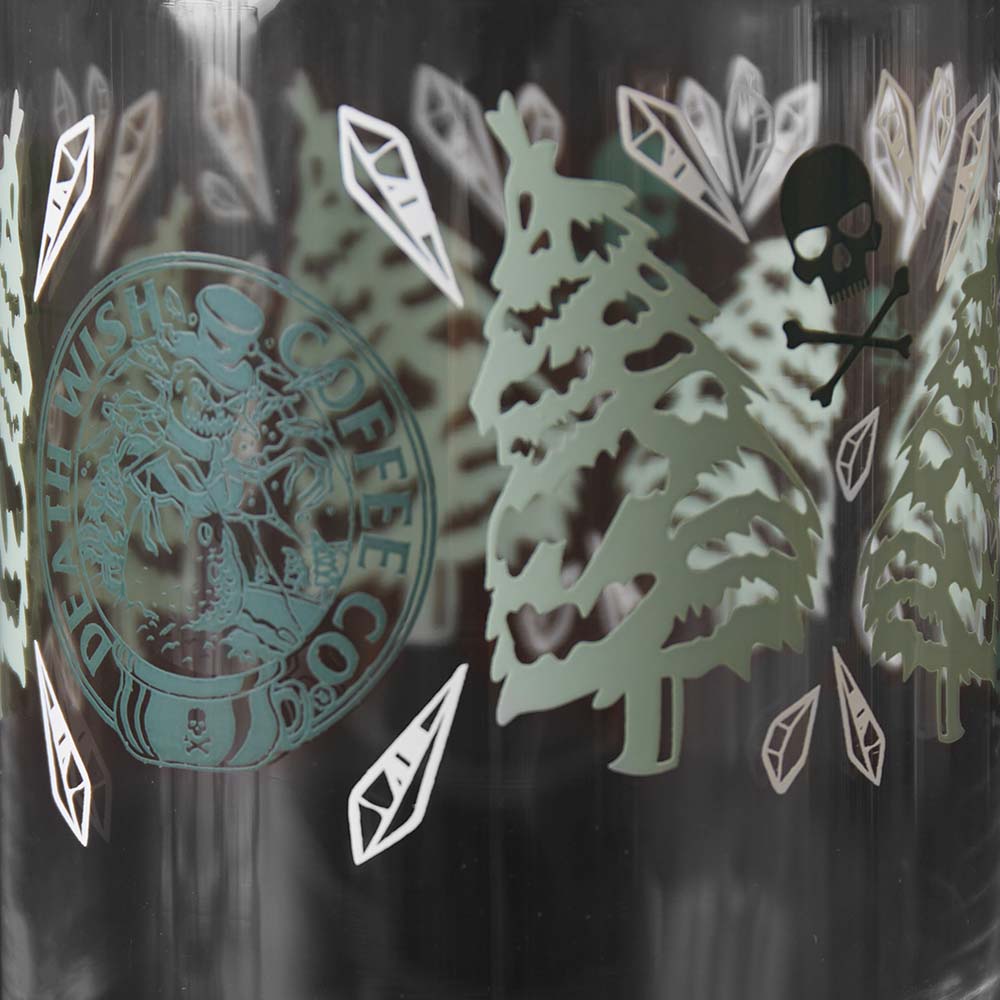 A close up of the frostbite design from the Death Wish Coffee Snow Daze Soda Can Glass Set.