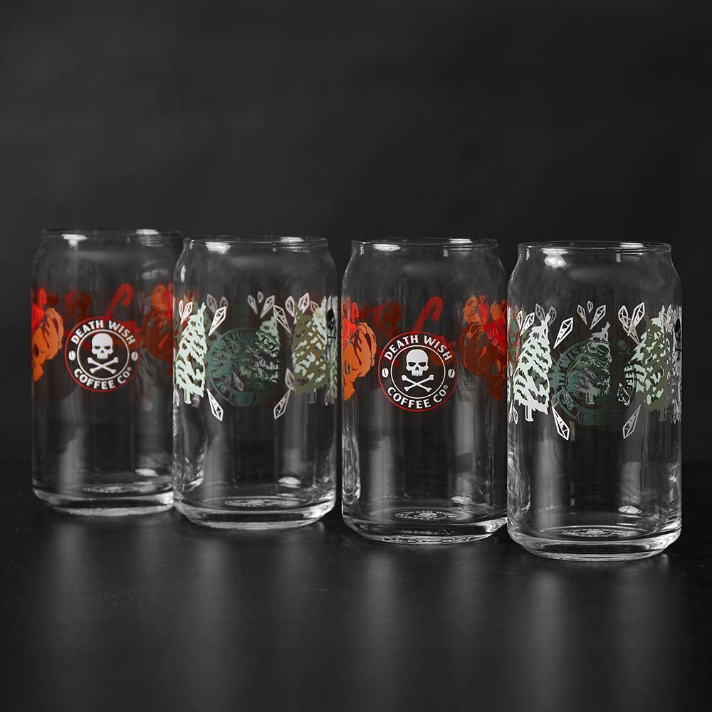 The Death Wish Coffee Snow Daze Soda Can Glass Set.