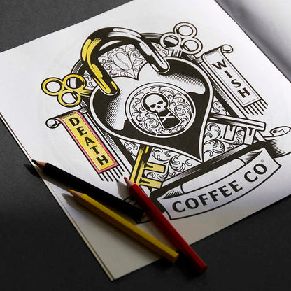 Coloring the Death Wish Coffee Medallion Meditations Coloring Book Lock and Key Mug medallion.