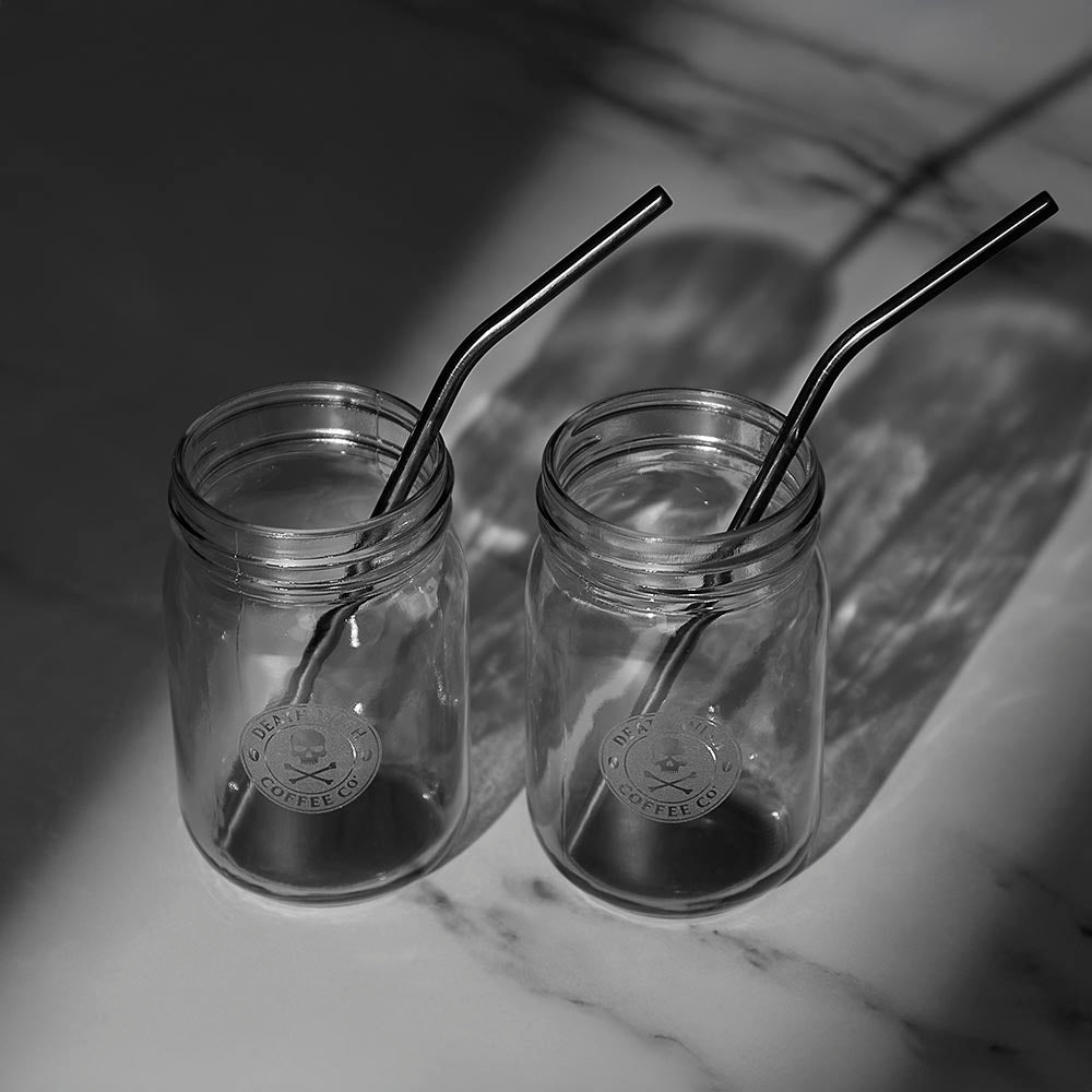 A top down view of the Death Wish Coffee Coal Brew Mason Jar Set.