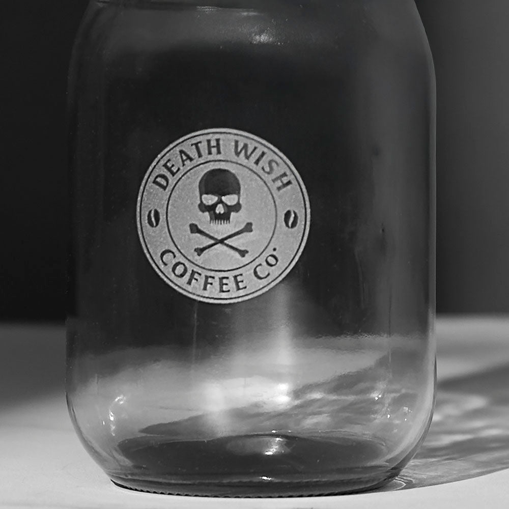 The front of the Death Wish Coffee Coal Brew Mason Jar Set.