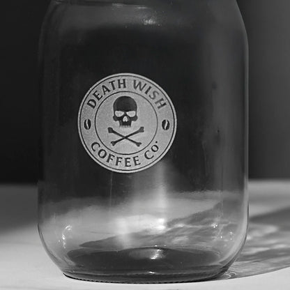 The front of the Death Wish Coffee Coal Brew Mason Jar Set.