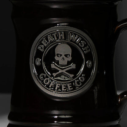 The front of the black Death Wish Coffee Naughty or Nice Mug.