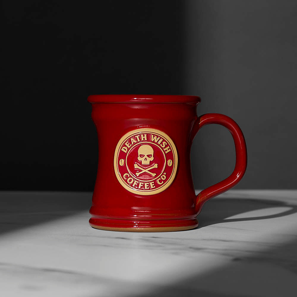 The front of the red Death Wish Coffee Naughty or Nice Mug.