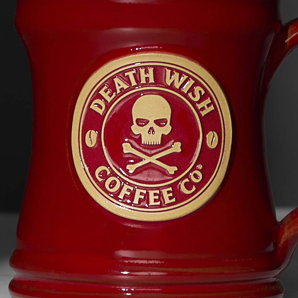 The front of the red Death Wish Coffee Naughty or Nice Mug.