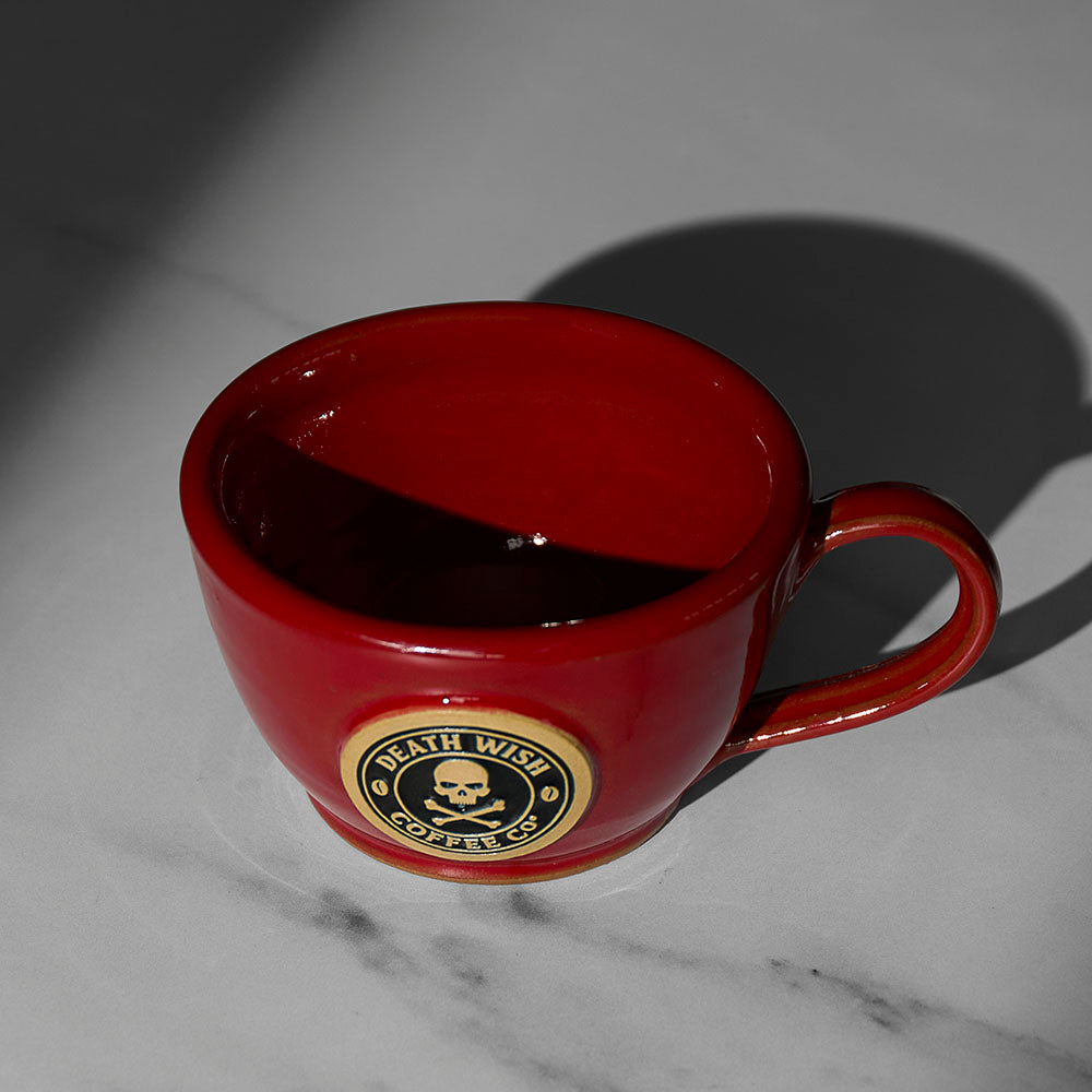 A top down view of the Red Death Wish Coffee Double or Nothing Ceramic Espresso Mug.