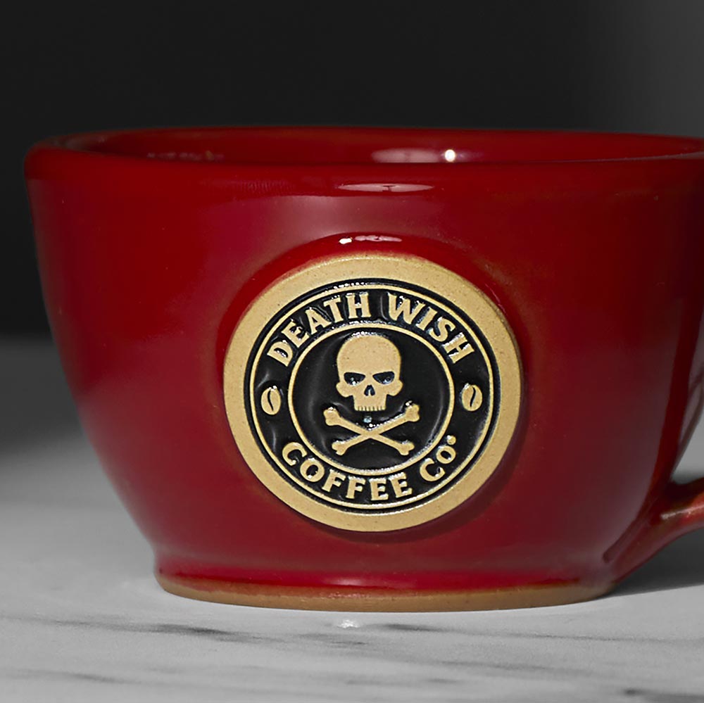 The Red Death Wish Coffee Double or Nothing Ceramic Espresso Mug.