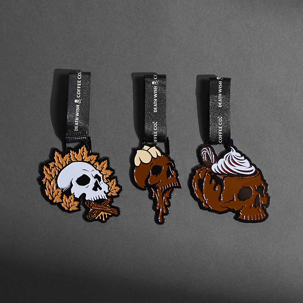 The Death Wish Coffee Deck the Skulls Ornament Set.