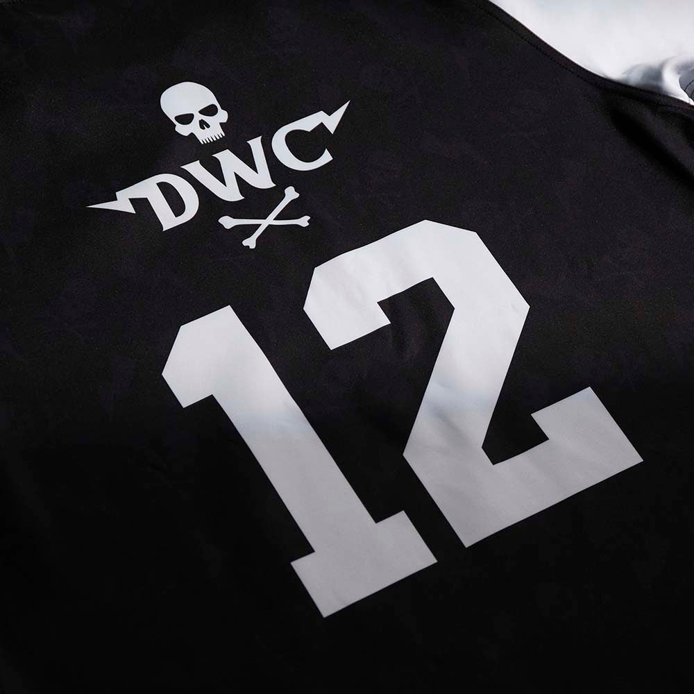 A close up of the back of the Death Wish Coffee What The Ruck Rugby Jersey.