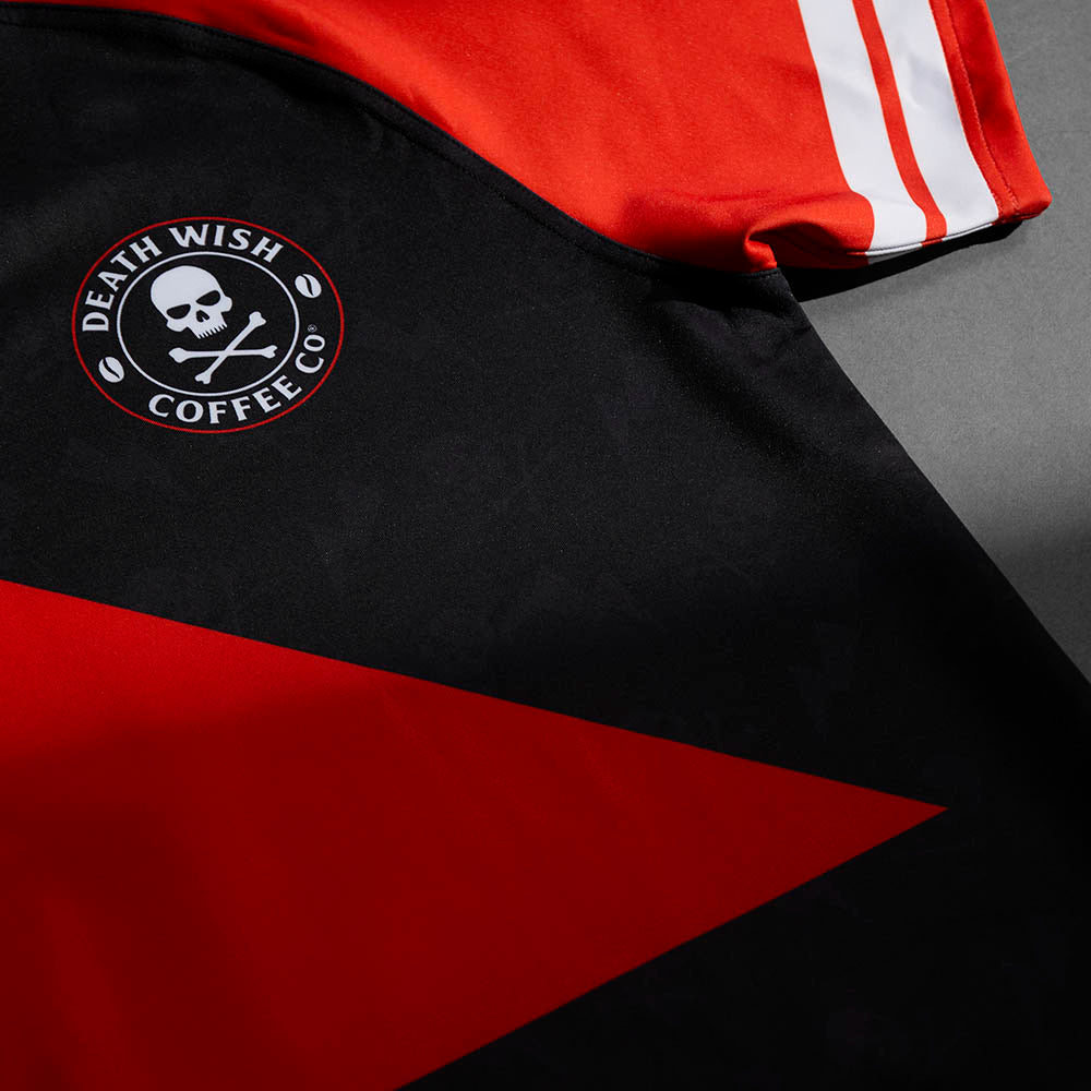 A close up of the Death Wish Coffee What The Ruck Rugby Jersey.