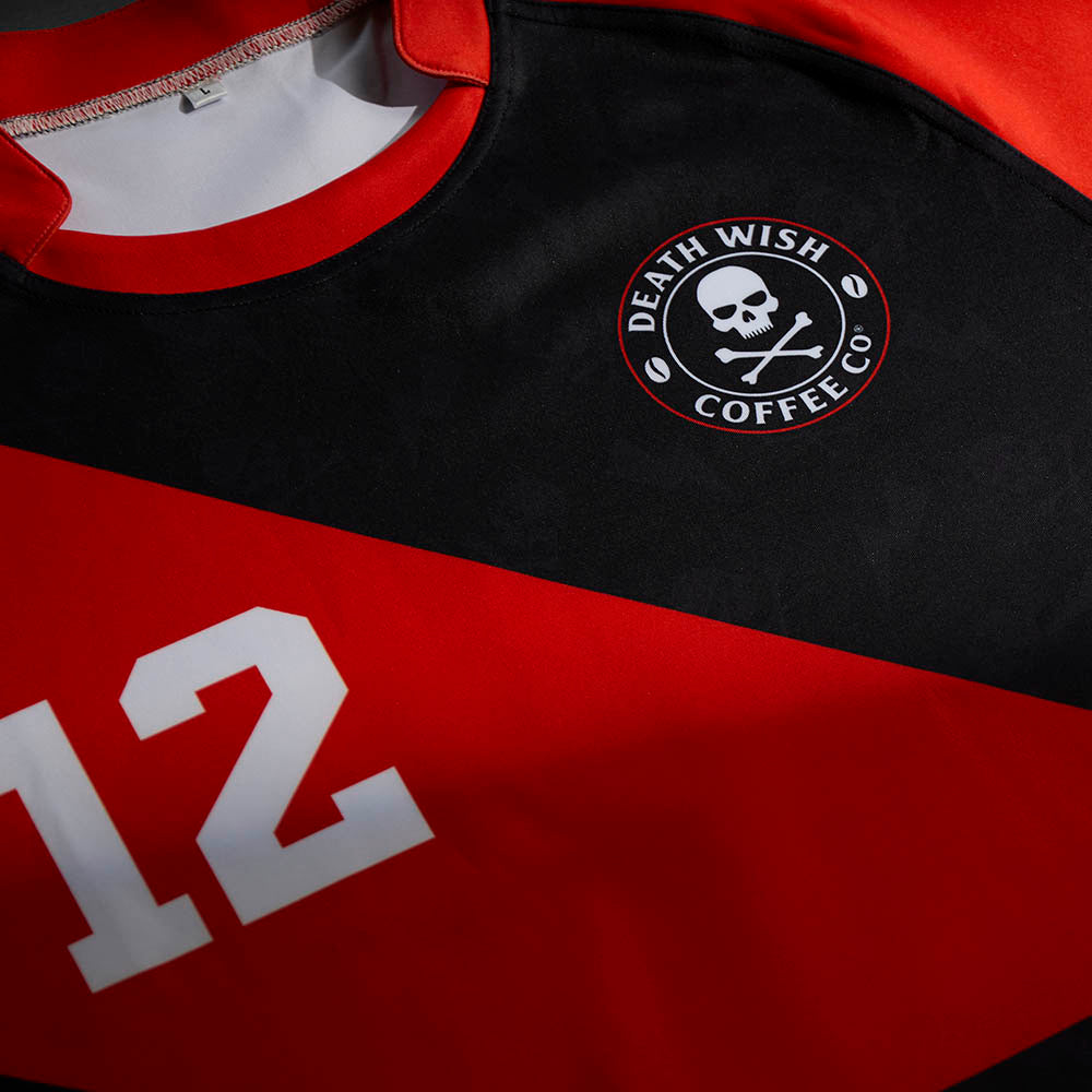 A close up of the Death Wish Coffee What The Ruck Rugby Jersey.