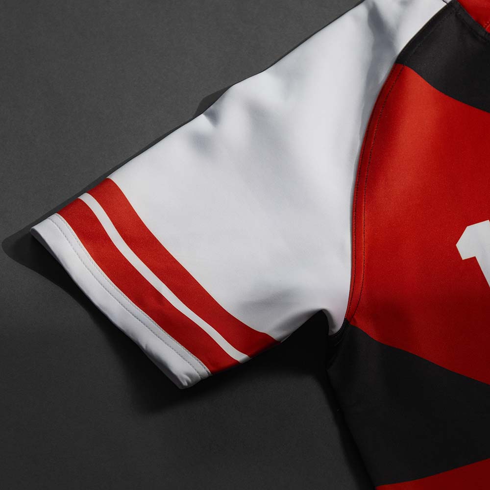 The right sleeve of the Death Wish Coffee What The Ruck Rugby Jersey.