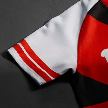 The right sleeve of the Death Wish Coffee What The Ruck Rugby Jersey.