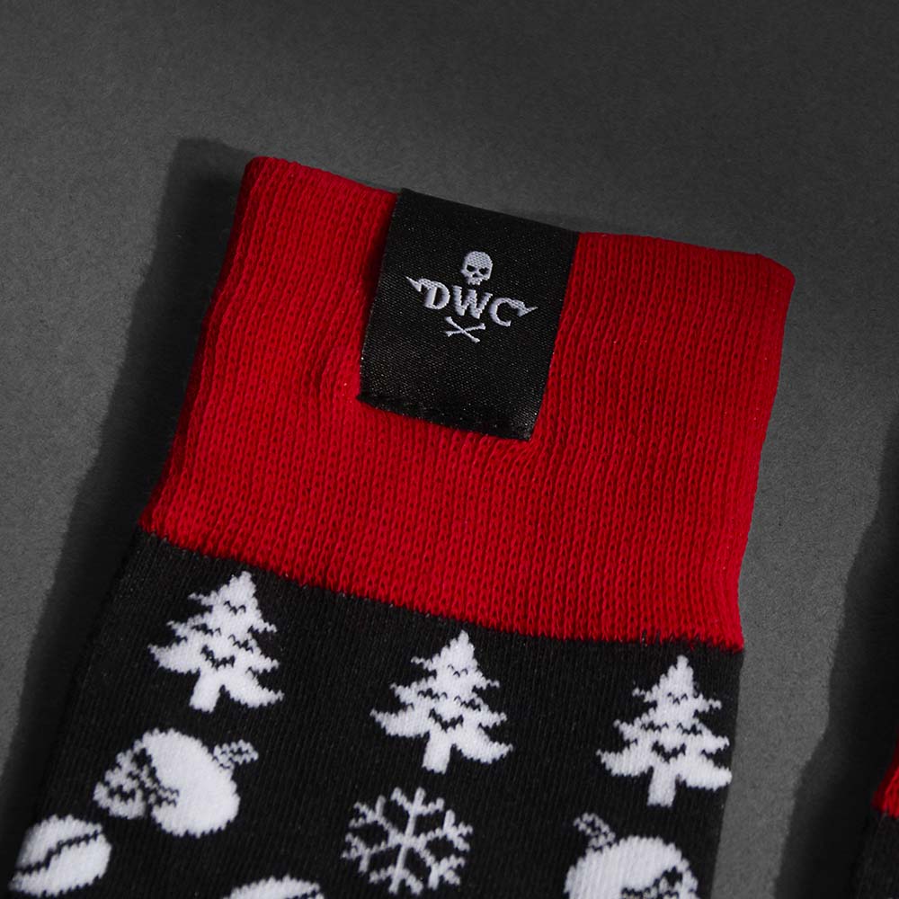 The woven tag on the Death Wish Coffee Skullflake Socks.