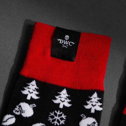 The woven tag on the Death Wish Coffee Skullflake Socks.