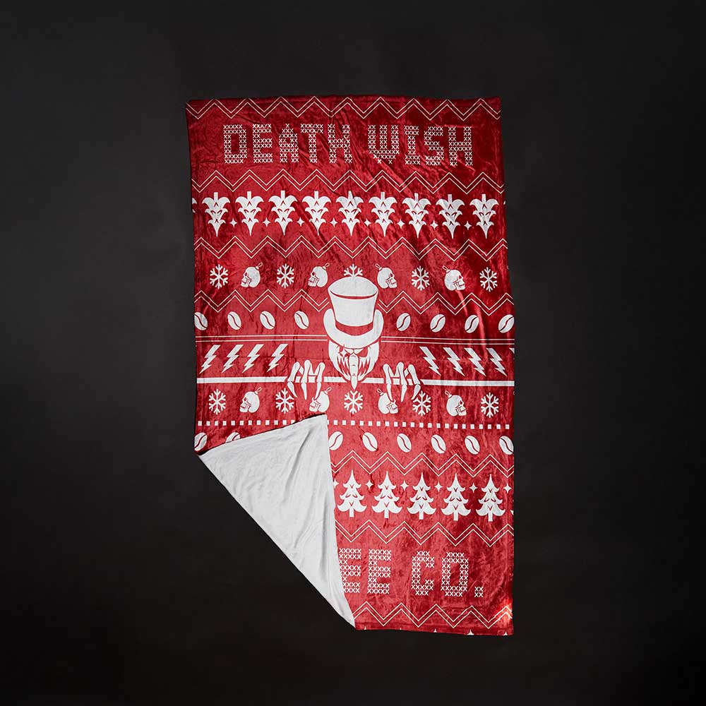 A look at both sides of the Death Wish Coffee & Chill Blanket.