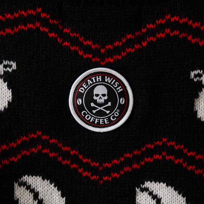 The back neck of the Death Wish Coffee What The Elf Ugly Sweater.