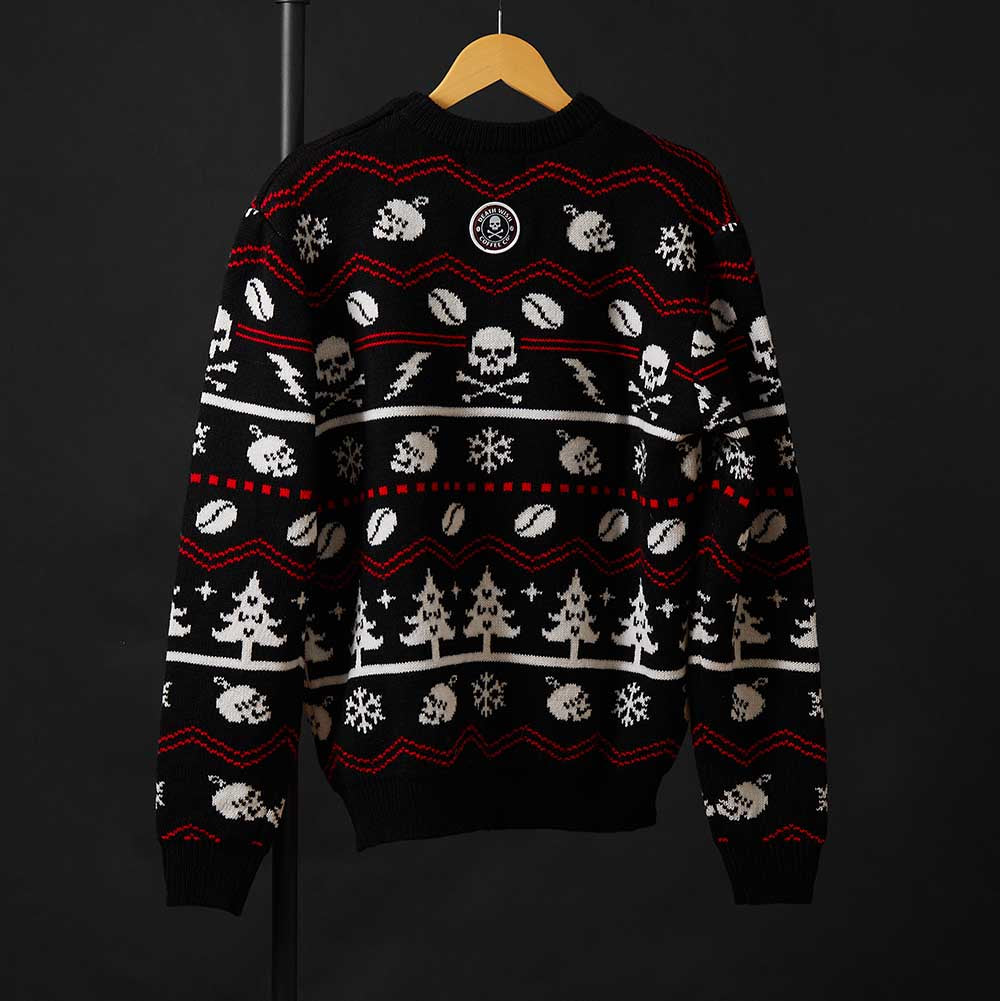 The back of the Death Wish Coffee What The Elf Ugly Sweater.