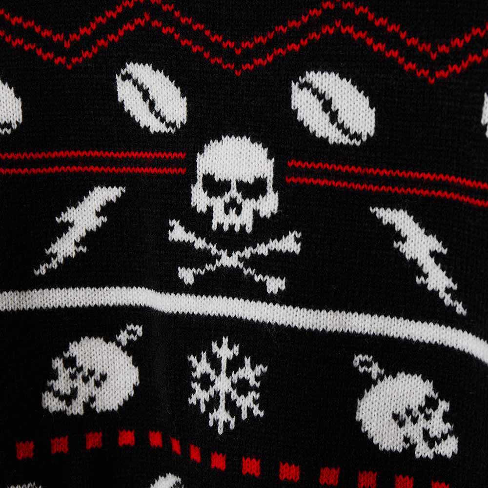A close up detail of the Death Wish Coffee What The Elf Ugly Sweater.