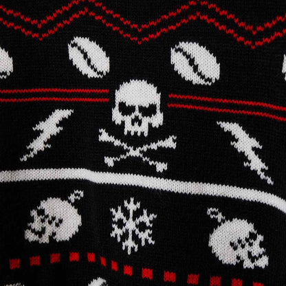 A close up detail of the Death Wish Coffee What The Elf Ugly Sweater.
