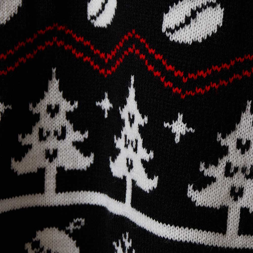 A second close up detail of the Death Wish Coffee What The Elf Ugly Sweater.