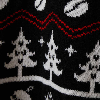 A second close up detail of the Death Wish Coffee What The Elf Ugly Sweater.