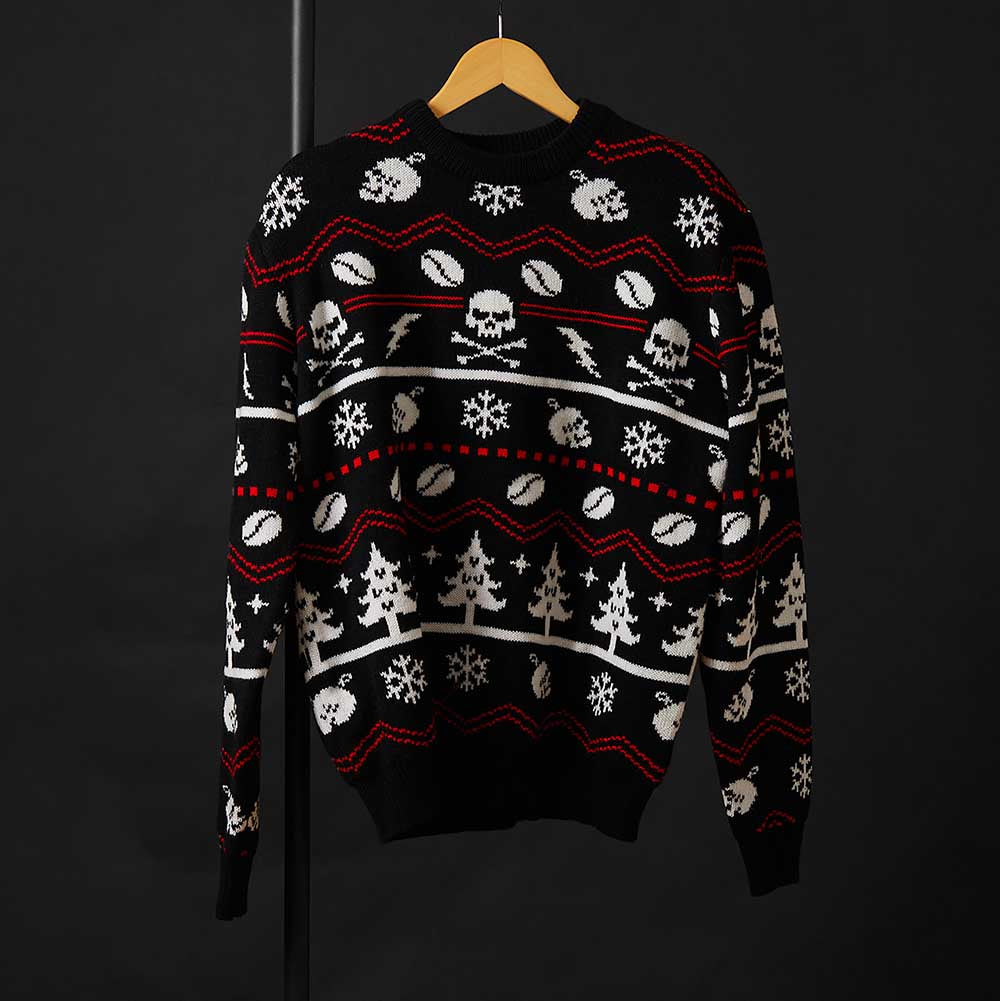 The front of the Death Wish Coffee What The Elf Ugly Sweater.