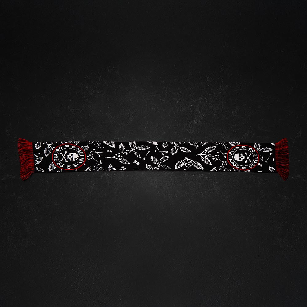The back of the Death Wish Coffee Sacred Bloom Knit Scarf.