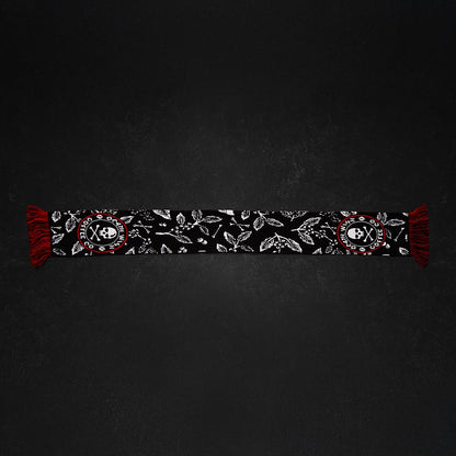 The back of the Death Wish Coffee Sacred Bloom Knit Scarf.
