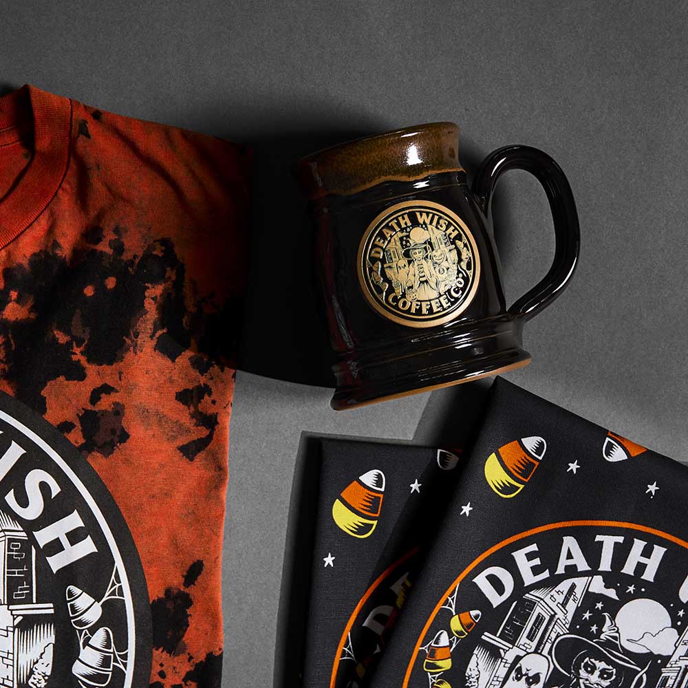 The Death Wish Coffee Trick or Treat Tankard with matching apparel and accessories.